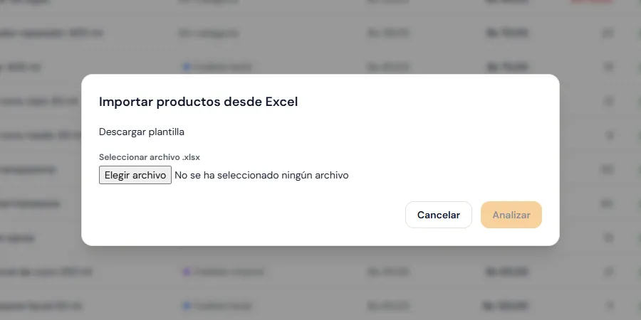 Ventana para importar productos desde un archivo de Excel